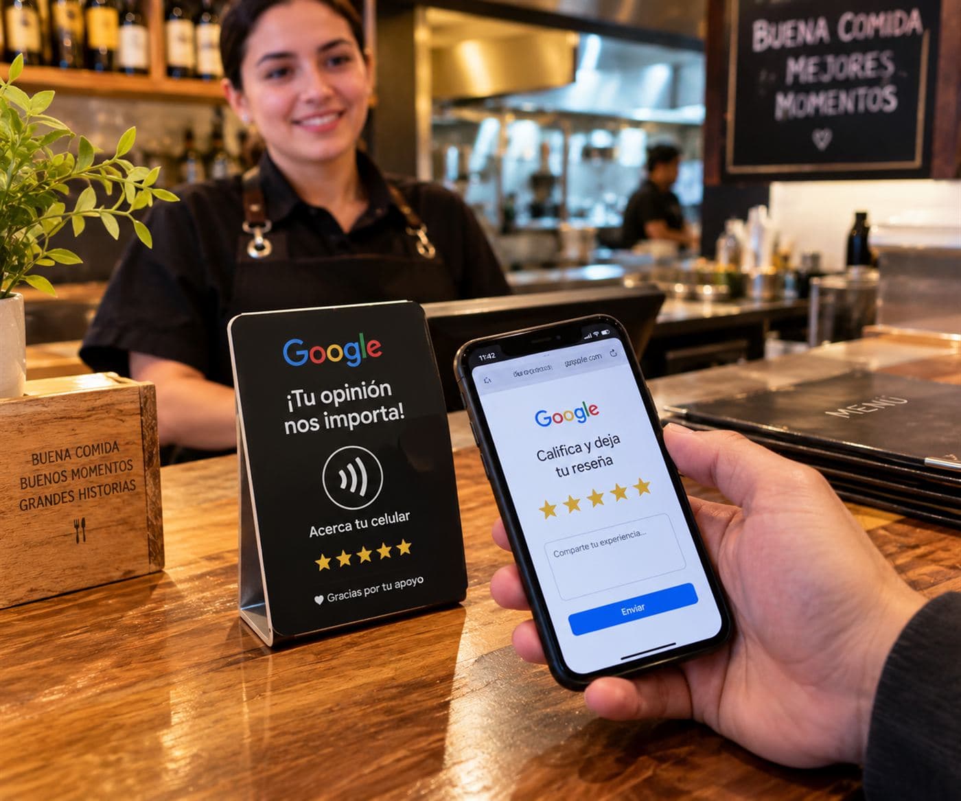 Cliente acercando el celular a un exhibidor con código para dejar una reseña en Google, en el mostrador de un restaurante